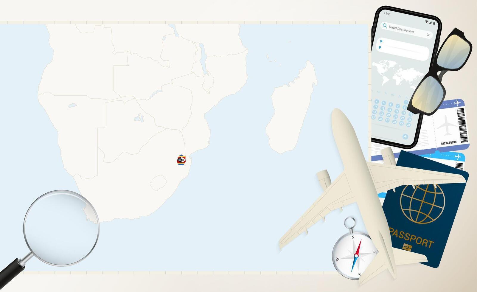 Swaziland map and flag, cargo plane on the detailed map of Swaziland with flag. vector