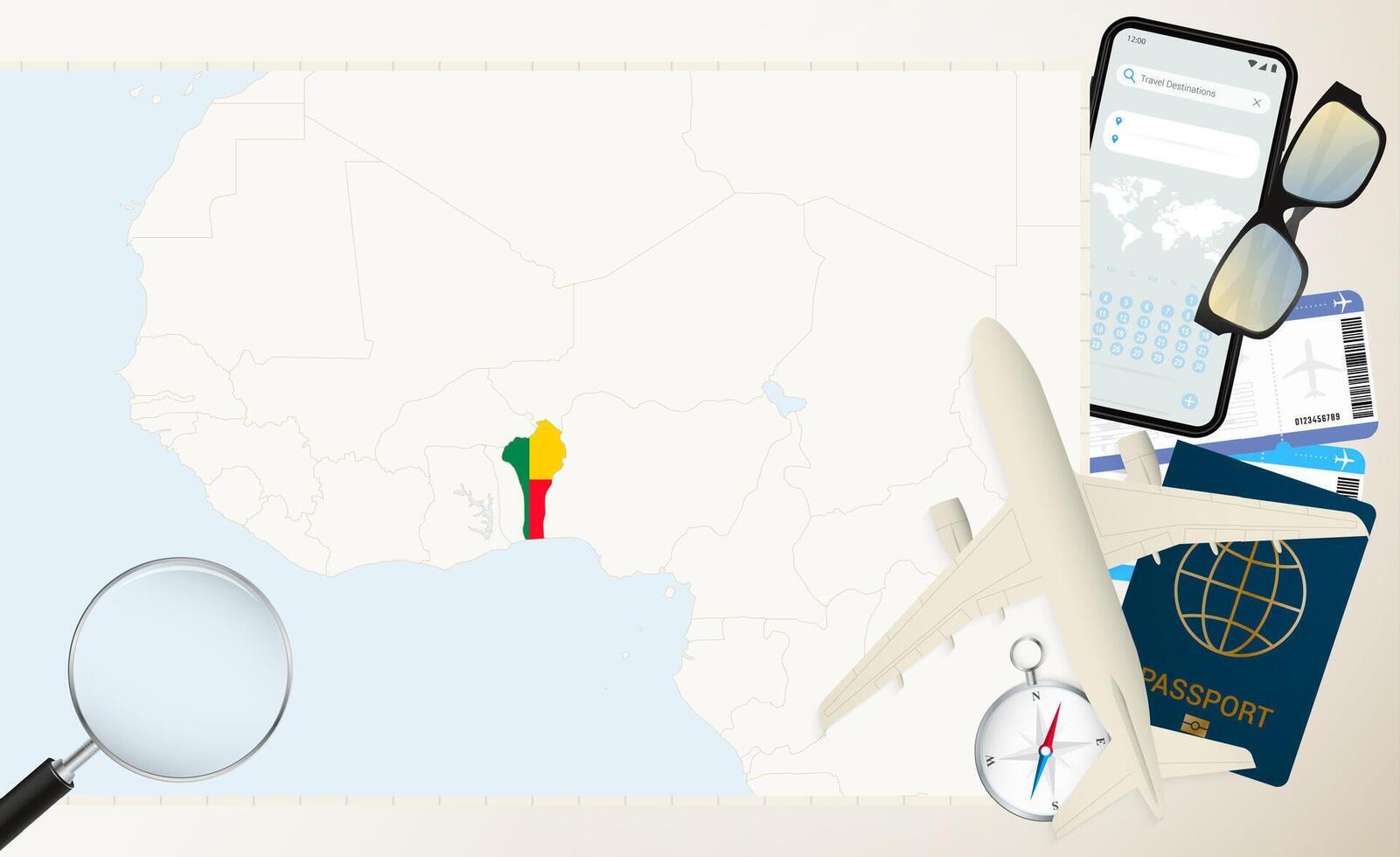 Benin map and flag, cargo plane on the detailed map of Benin with flag. vector