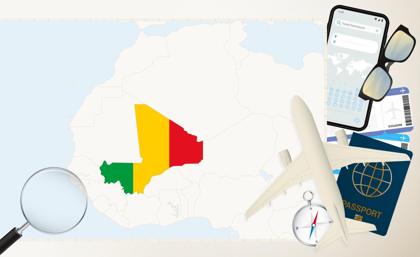 Mali map and flag, cargo plane on the detailed map of Mali with flag. vector