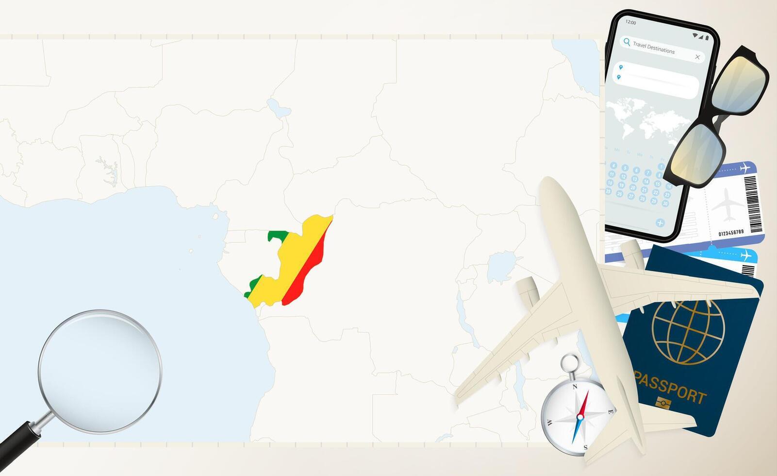 Congo map and flag, cargo plane on the detailed map of Congo with flag. vector