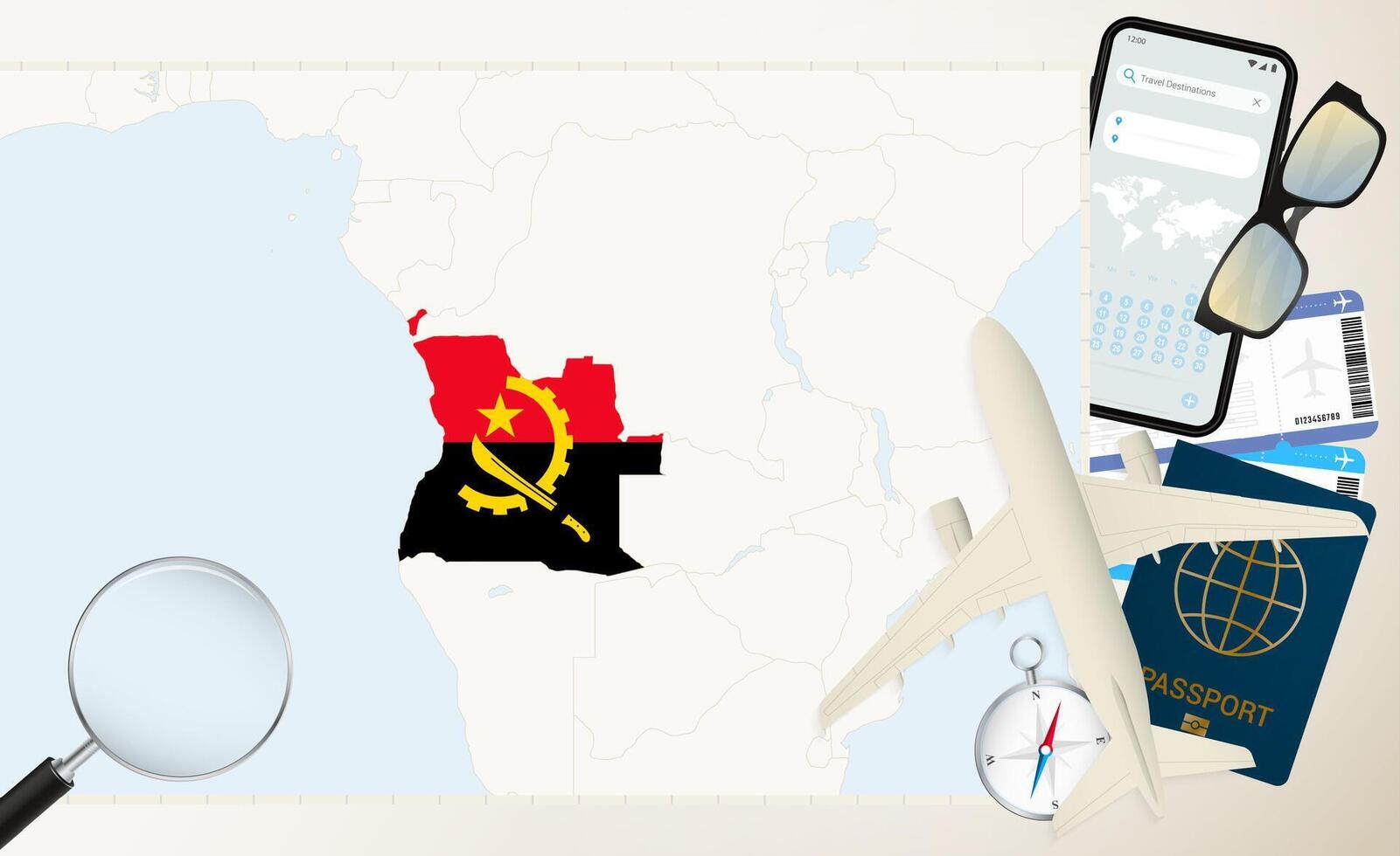 Angola map and flag, cargo plane on the detailed map of Angola with flag. vector