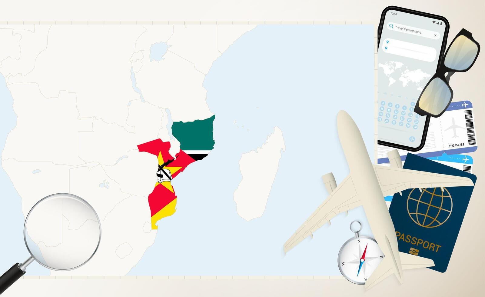 Mozambique map and flag, cargo plane on the detailed map of Mozambique with flag. vector
