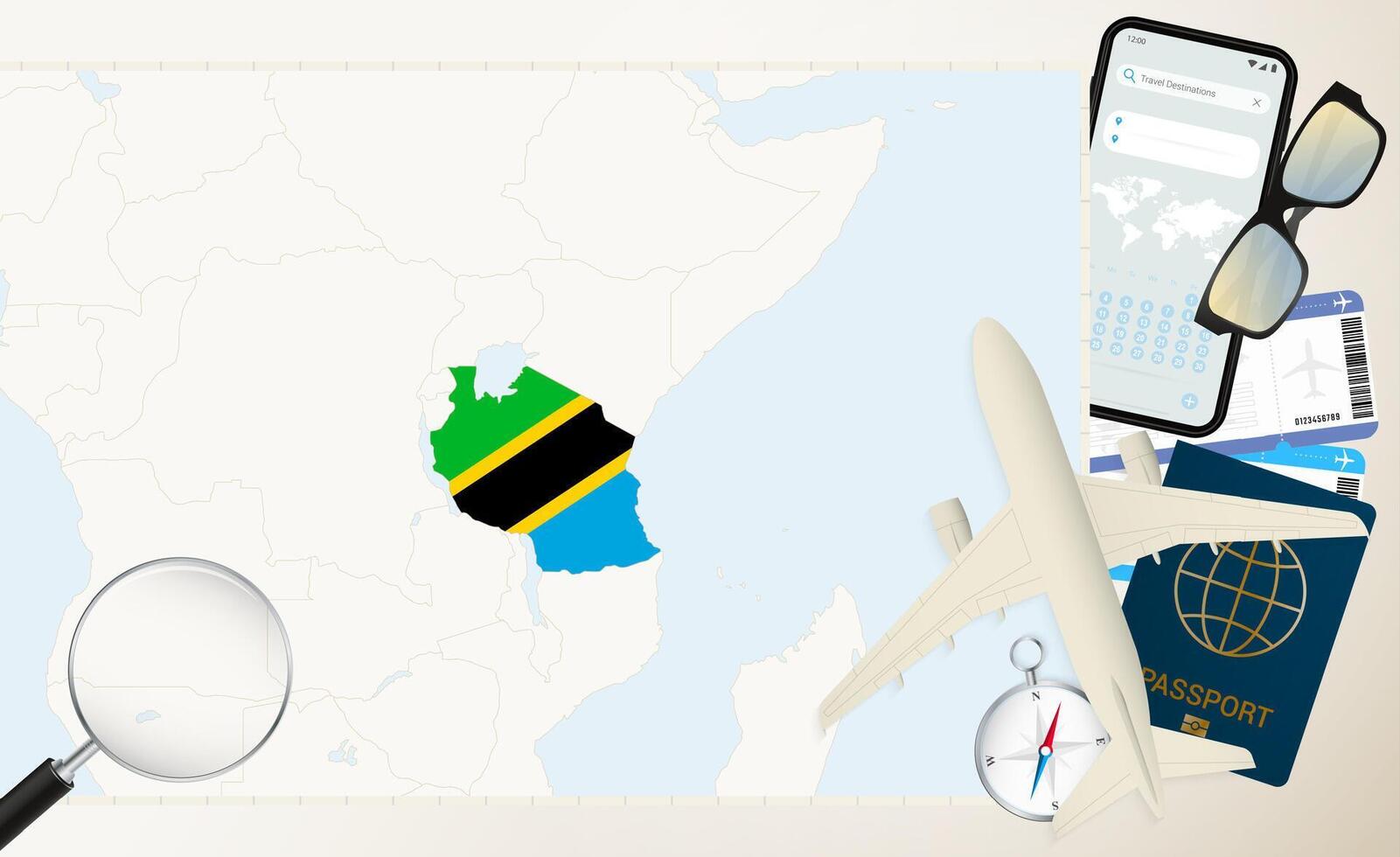 Tanzania map and flag, cargo plane on the detailed map of Tanzania with flag. vector