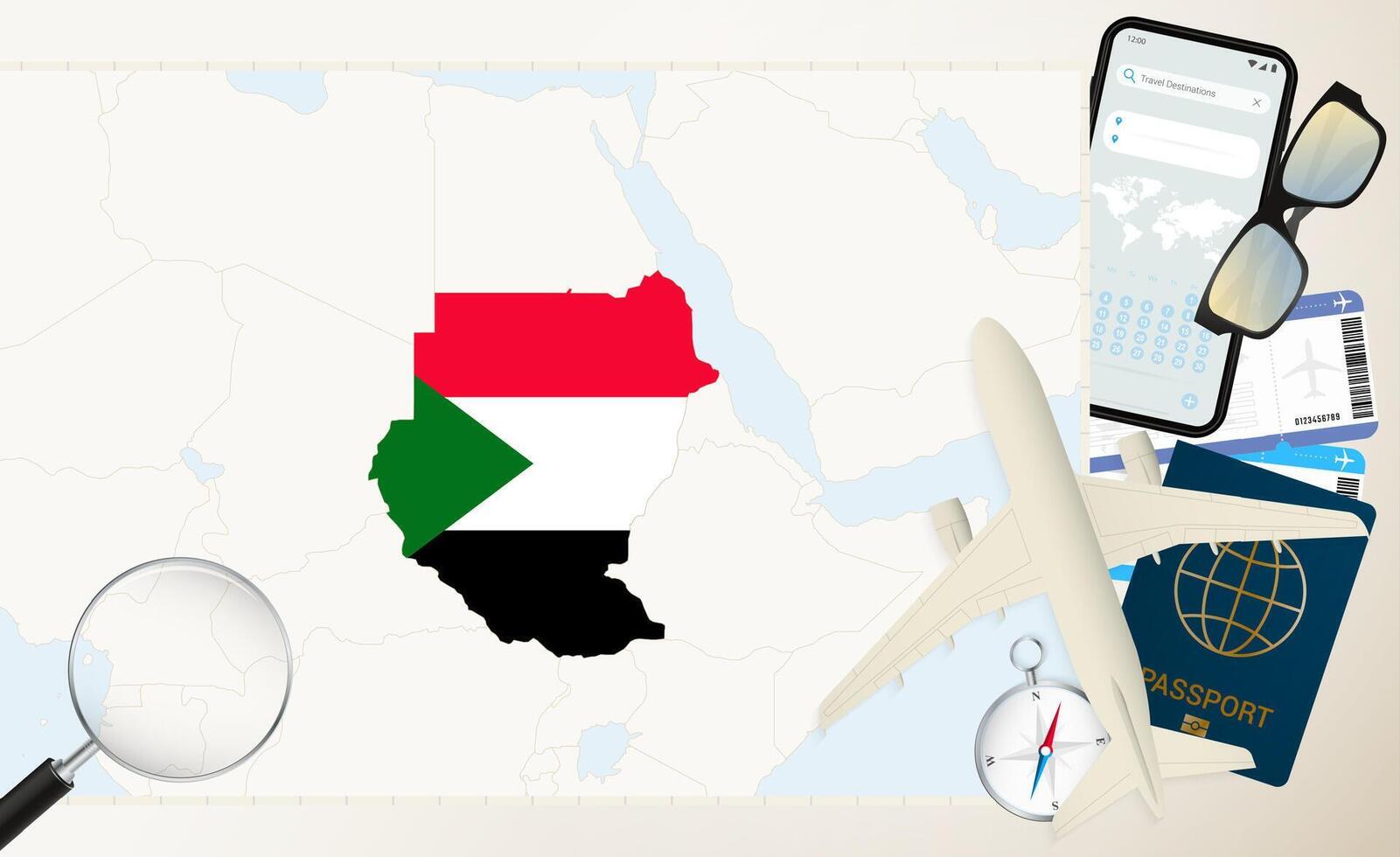 Sudan map and flag, cargo plane on the detailed map of Sudan with flag. vector
