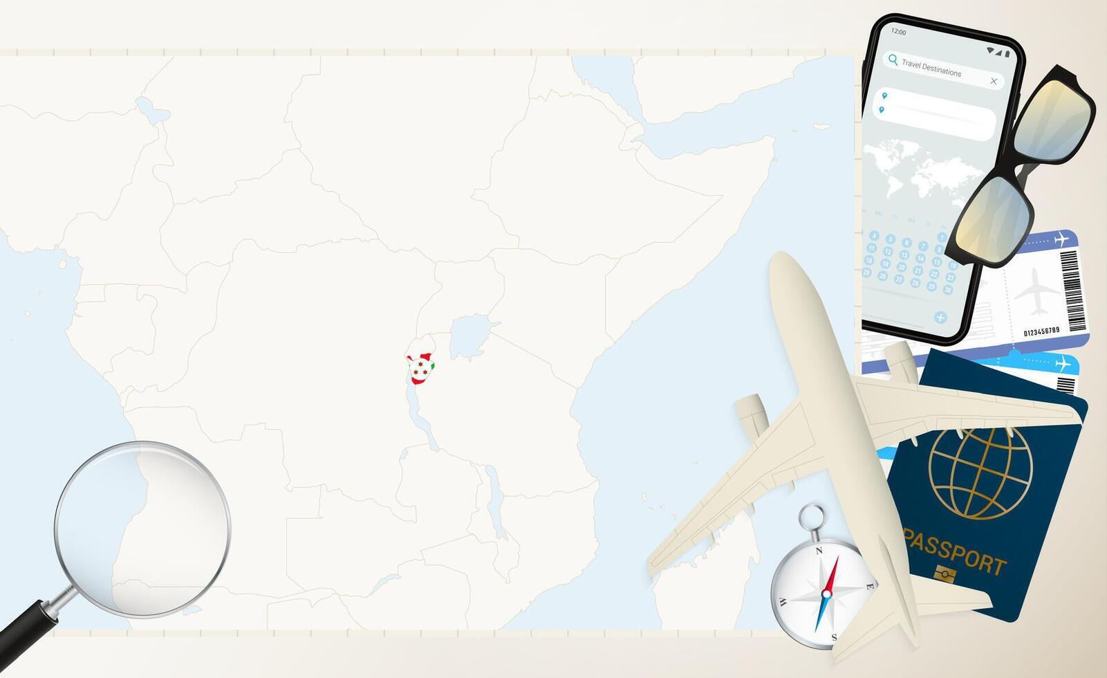 Burundi map and flag, cargo plane on the detailed map of Burundi with flag. vector