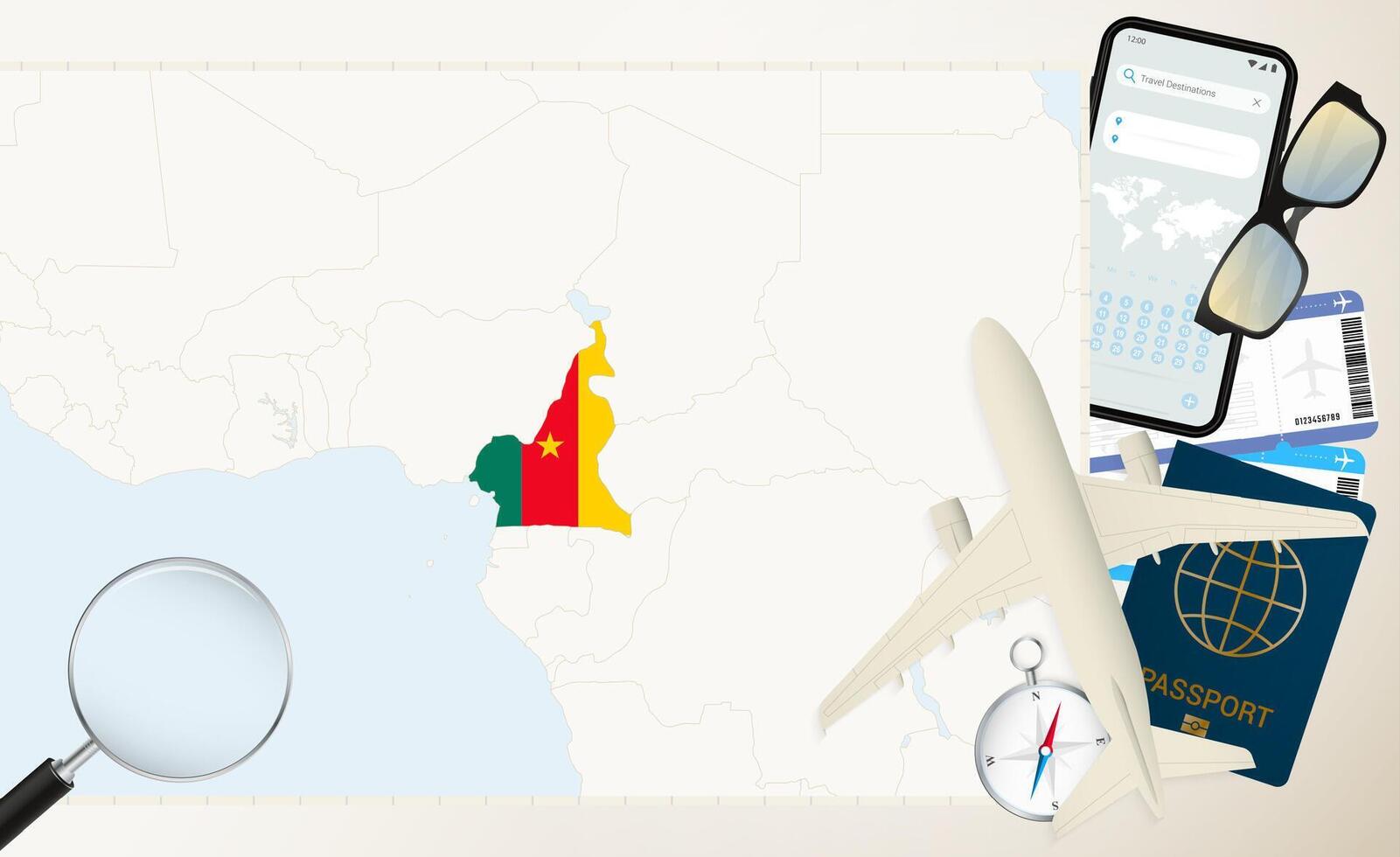 Cameroon map and flag, cargo plane on the detailed map of Cameroon with flag. vector