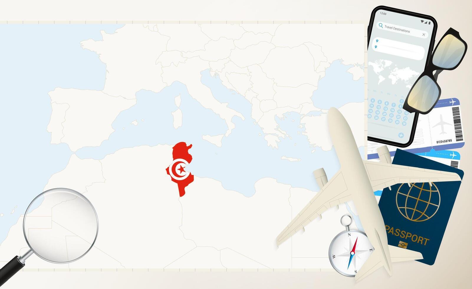 Tunisia map and flag, cargo plane on the detailed map of Tunisia with flag. vector