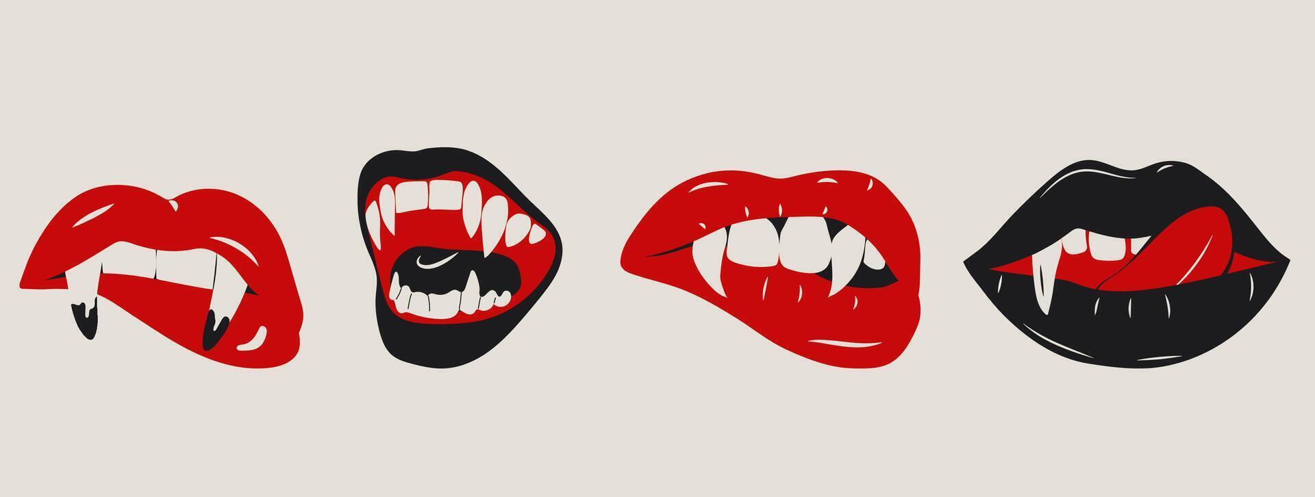 Glamorous set of vampire lips featuring blood red color and sharp fangs, offering a bold and dramatic look vector