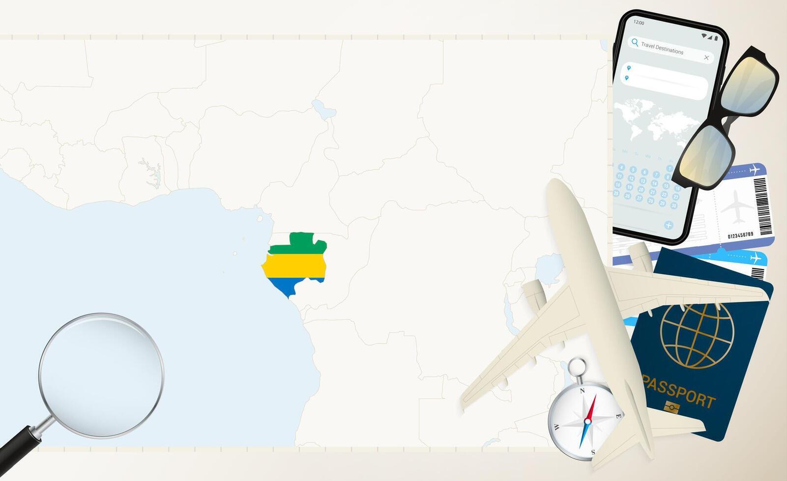 Gabon map and flag, cargo plane on the detailed map of Gabon with flag. vector