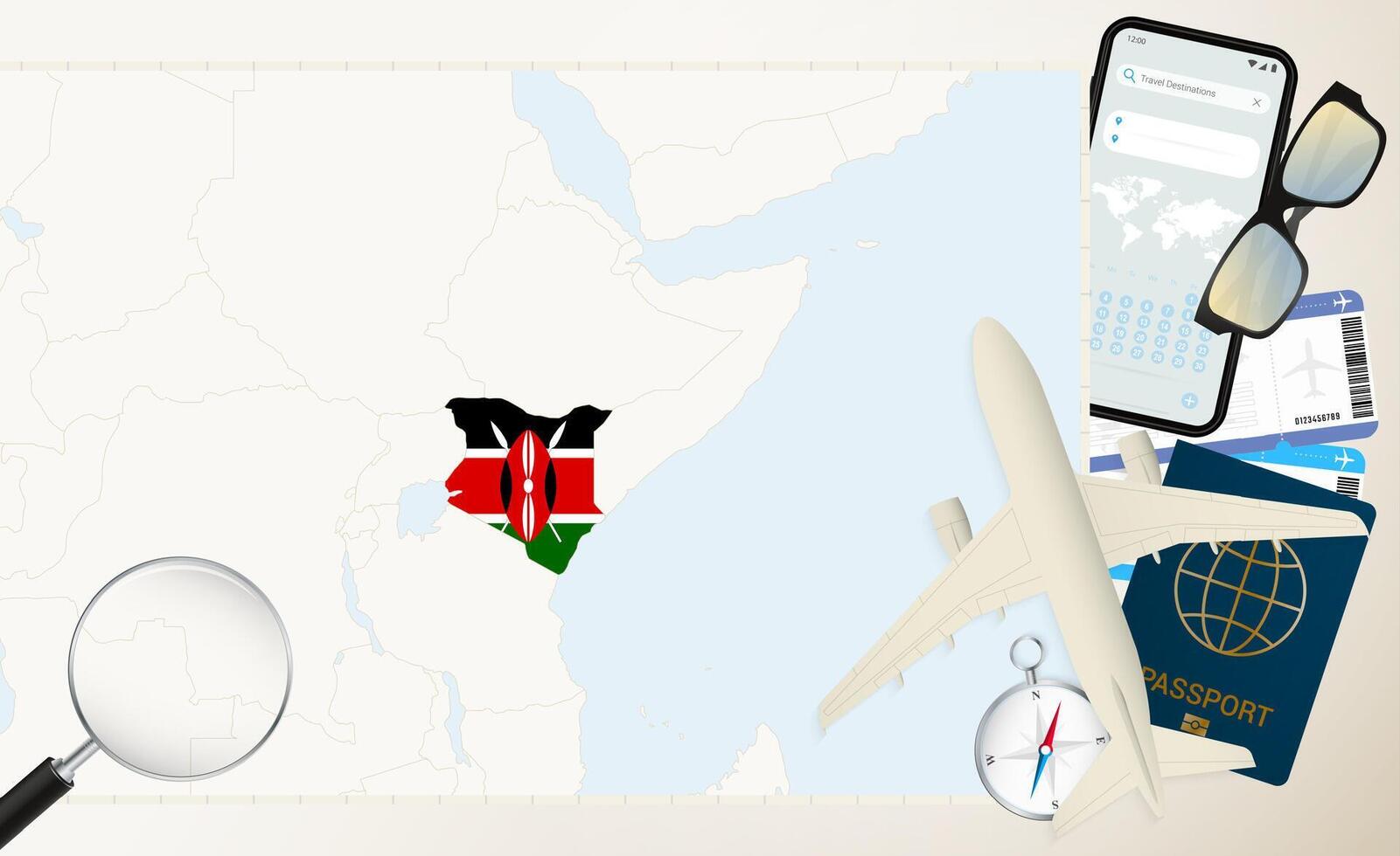 Kenya map and flag, cargo plane on the detailed map of Kenya with flag. vector
