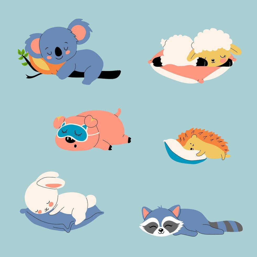 Sleepy Animal Characters Ready for Bed in Cozy Cartoon Style vector