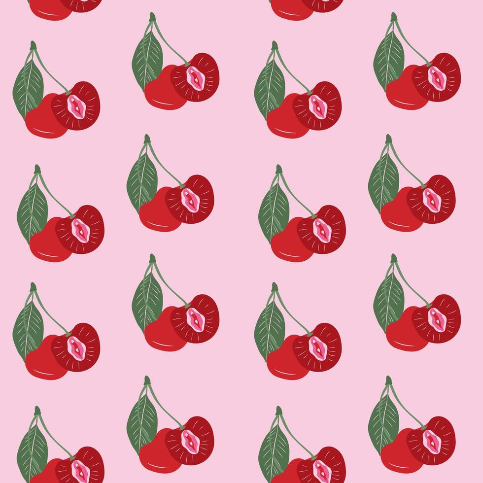 Seamless pattern with Cherry with outlines female labia. Vulva vector