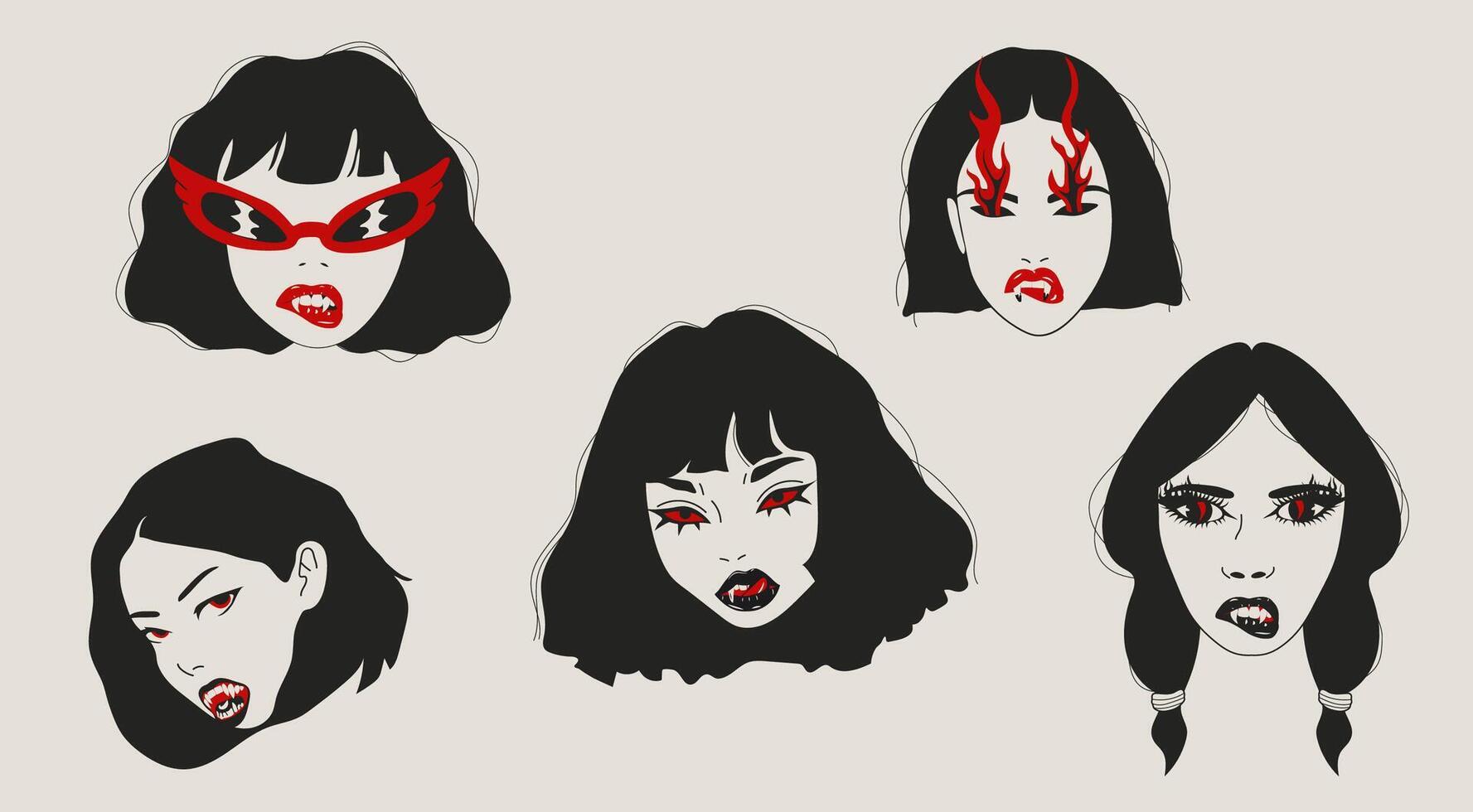 Set of Vampire Girl Featuring Sharp Fangs and Red Eyes vector