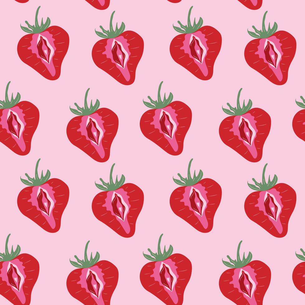 Seamless pattern with Strawberry with outlines female labia. Vulva vector
