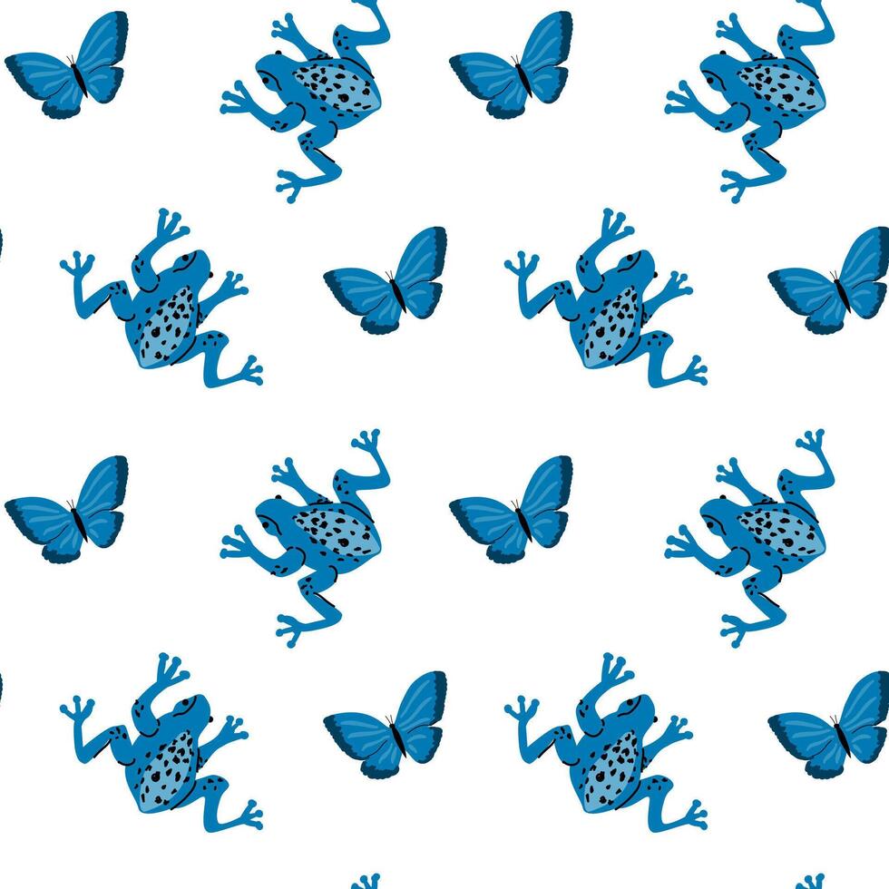 Tropical animal pattern with blue frogs and butterflies for design and decoration vector
