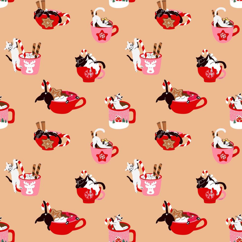 Seamless pattern with Set of Cozy Cats Drinking Hot Chocolate. Holiday Candy Cane Vibes vector