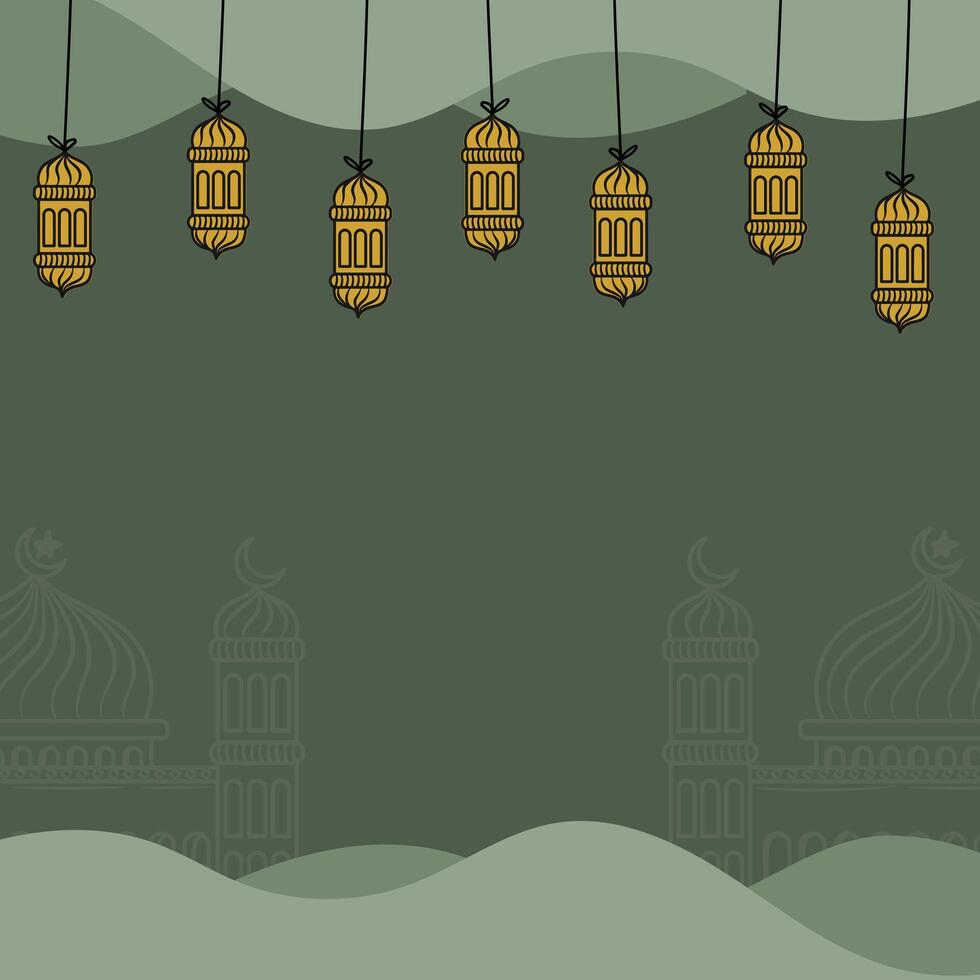 Hand Drawn Eid Al-Adha Mubarak Greeting with Lantern and Mosque on Green Background vector