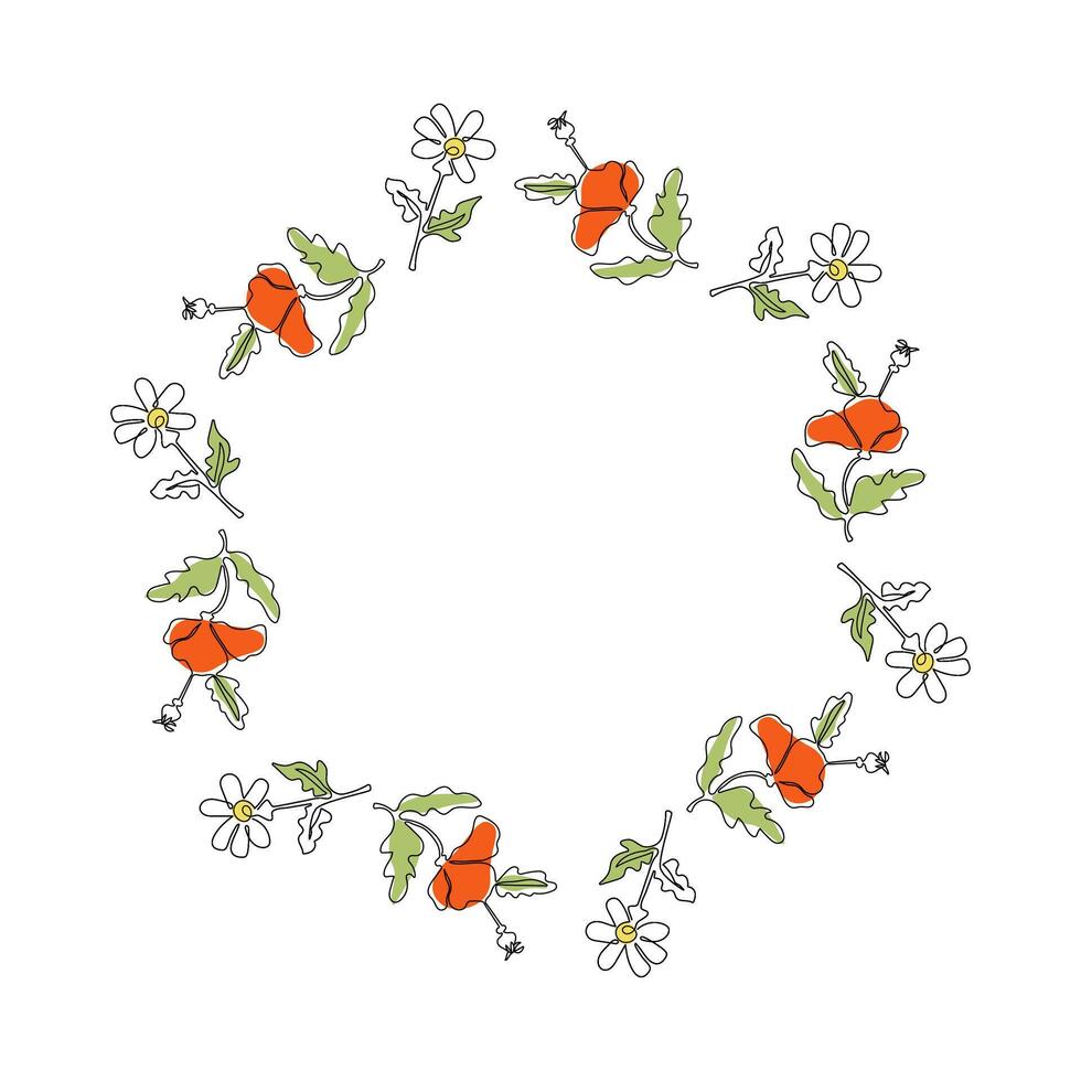 Plant, flowers. Meadow poppy, chamomile. Banner, round frame with space for text. Drawing one line. Natural background. vector