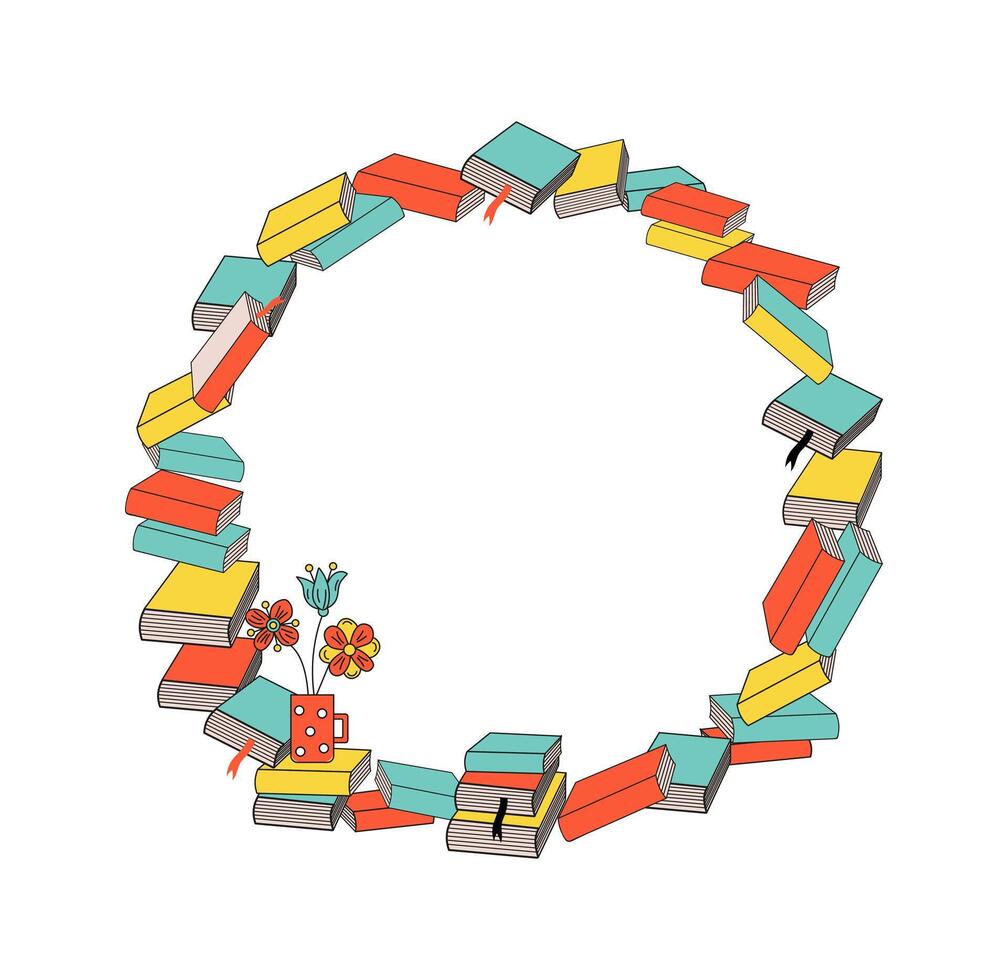 Stack of books, mug with bouquet of flowers. Banner, frame with space for text. A love of reading, literature and learning. Day of Knowledge. vector