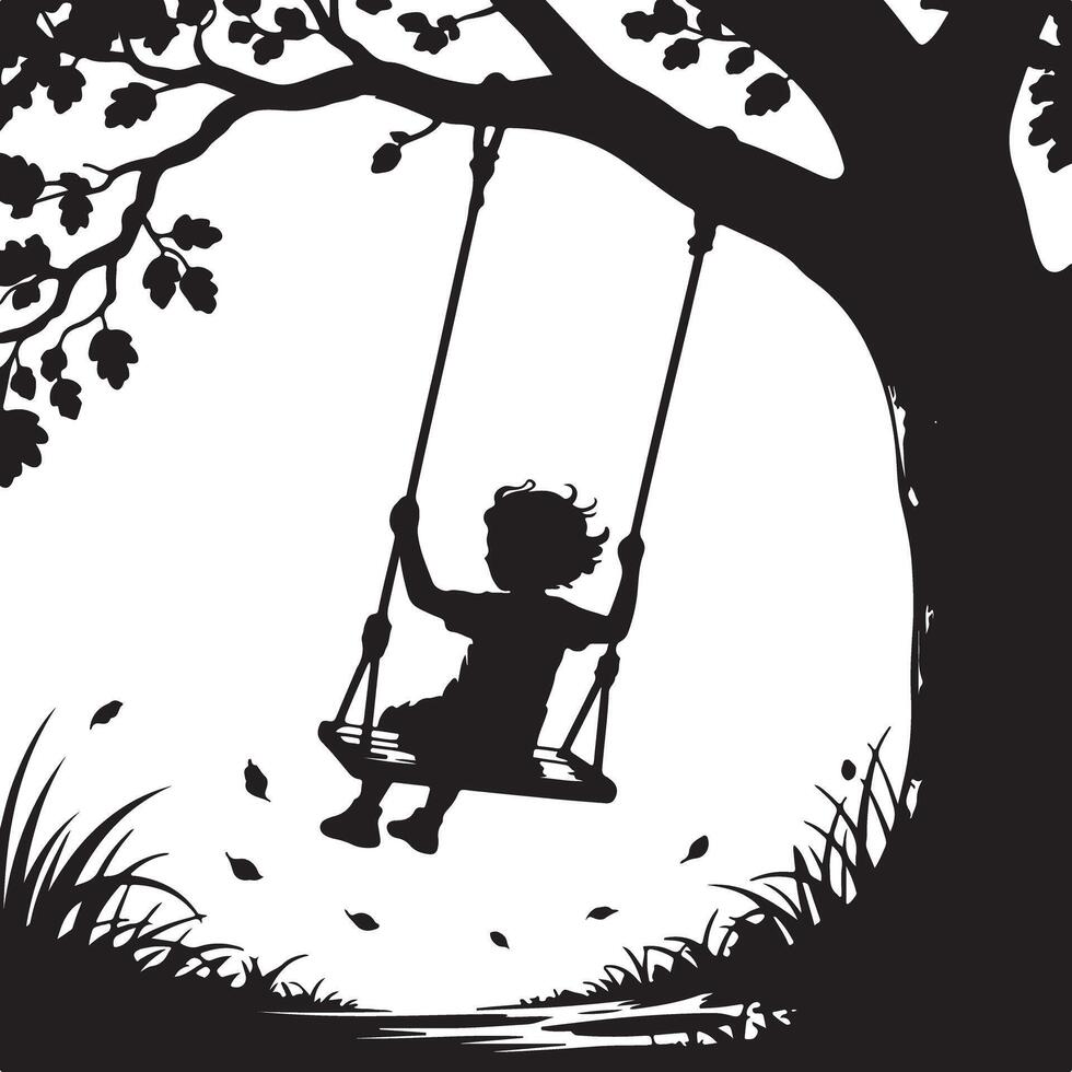 A silhouette of a child on a swing hanging from a tree with falling leaves in monochrome art vector