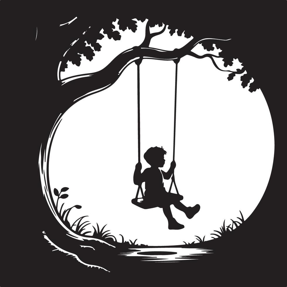 Silhouette of a child on a swing hanging from a tree branch in a black and white image vector