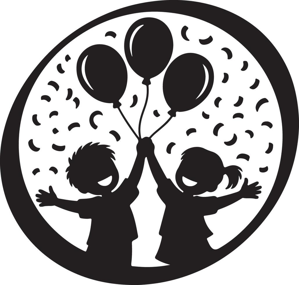 Silhouette of a boy and girl holding balloons inside a circle with confetti around them vector