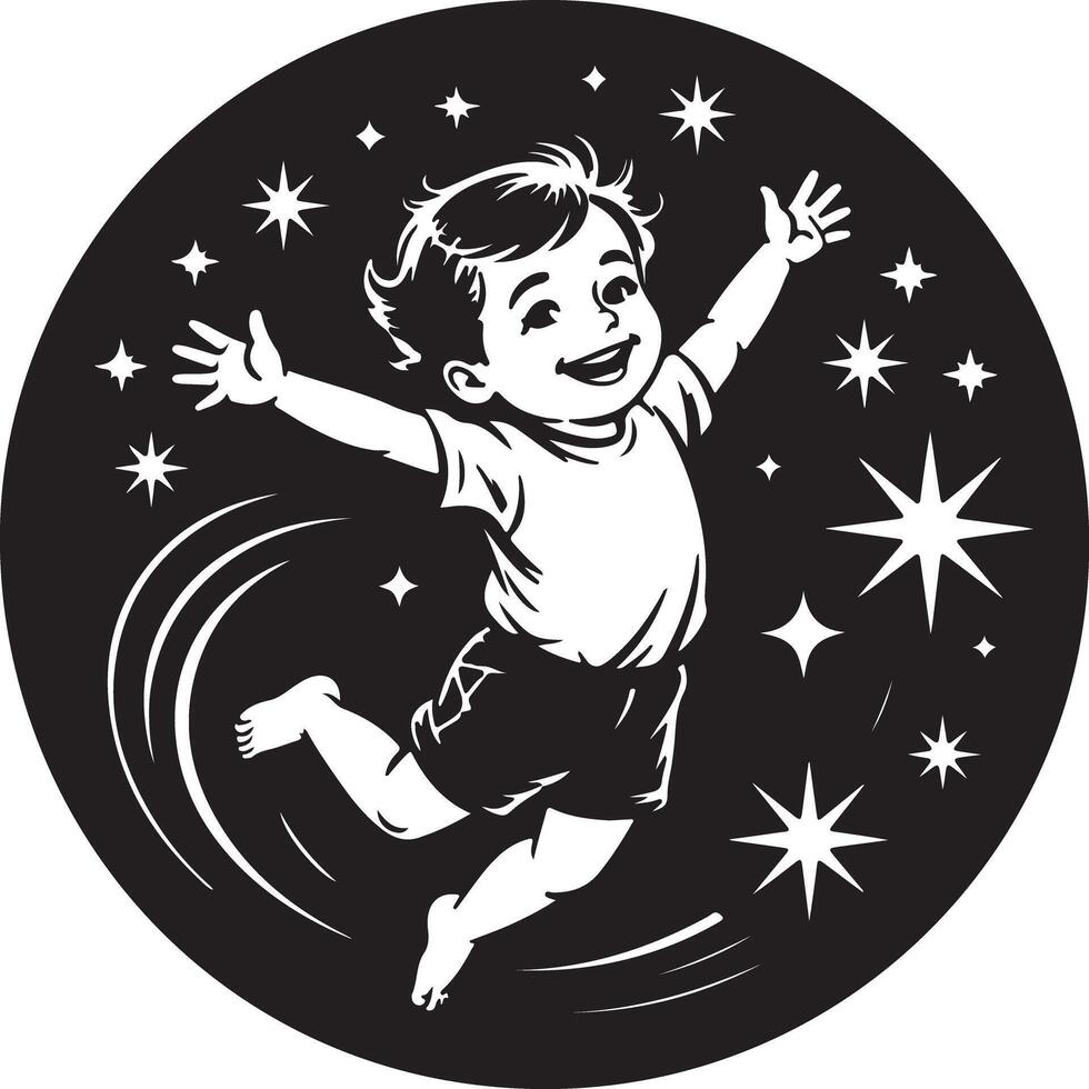 A cheerful child leaps against a backdrop of stars and swirling lines in black circle vector