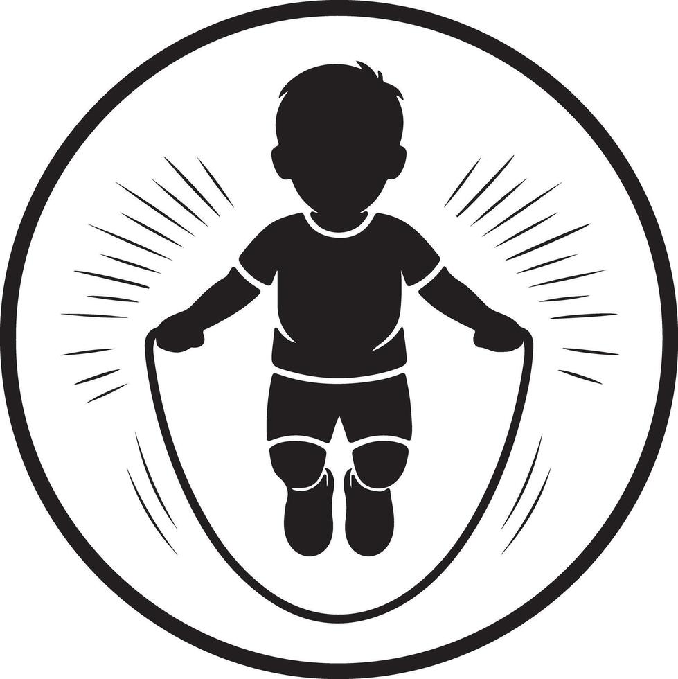 A silhouette of a child holding a jump rope inside a circle with radiating lines around it vector