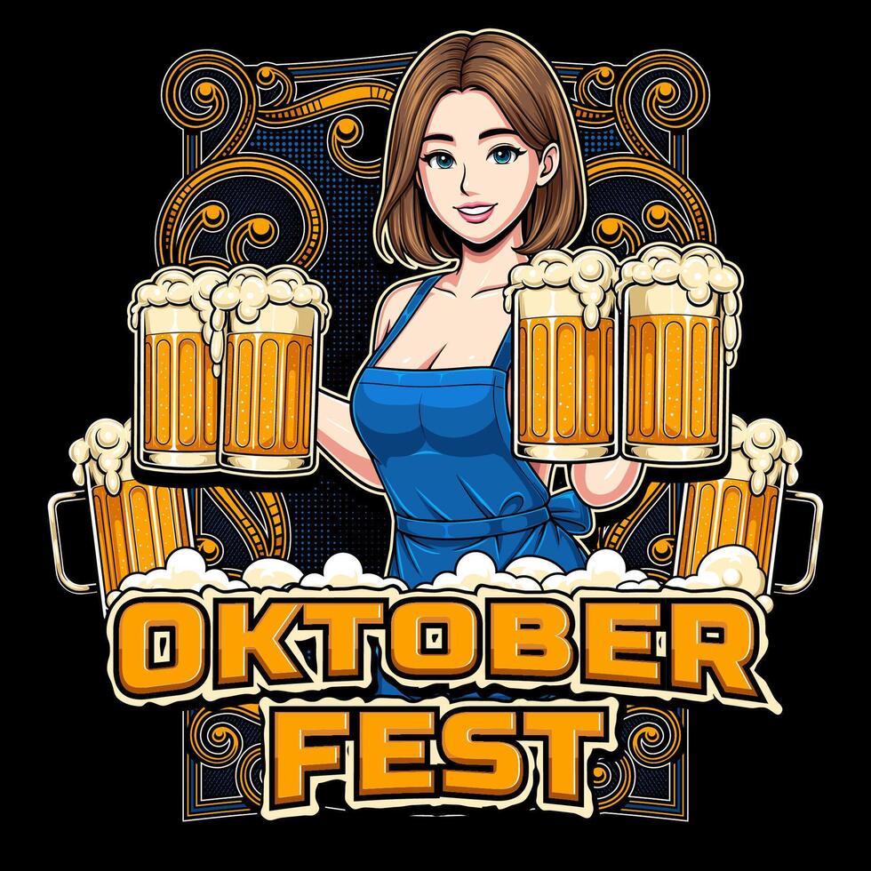 tshirt design for Oktoberfest festival event with illustration of girl and beer glass vector