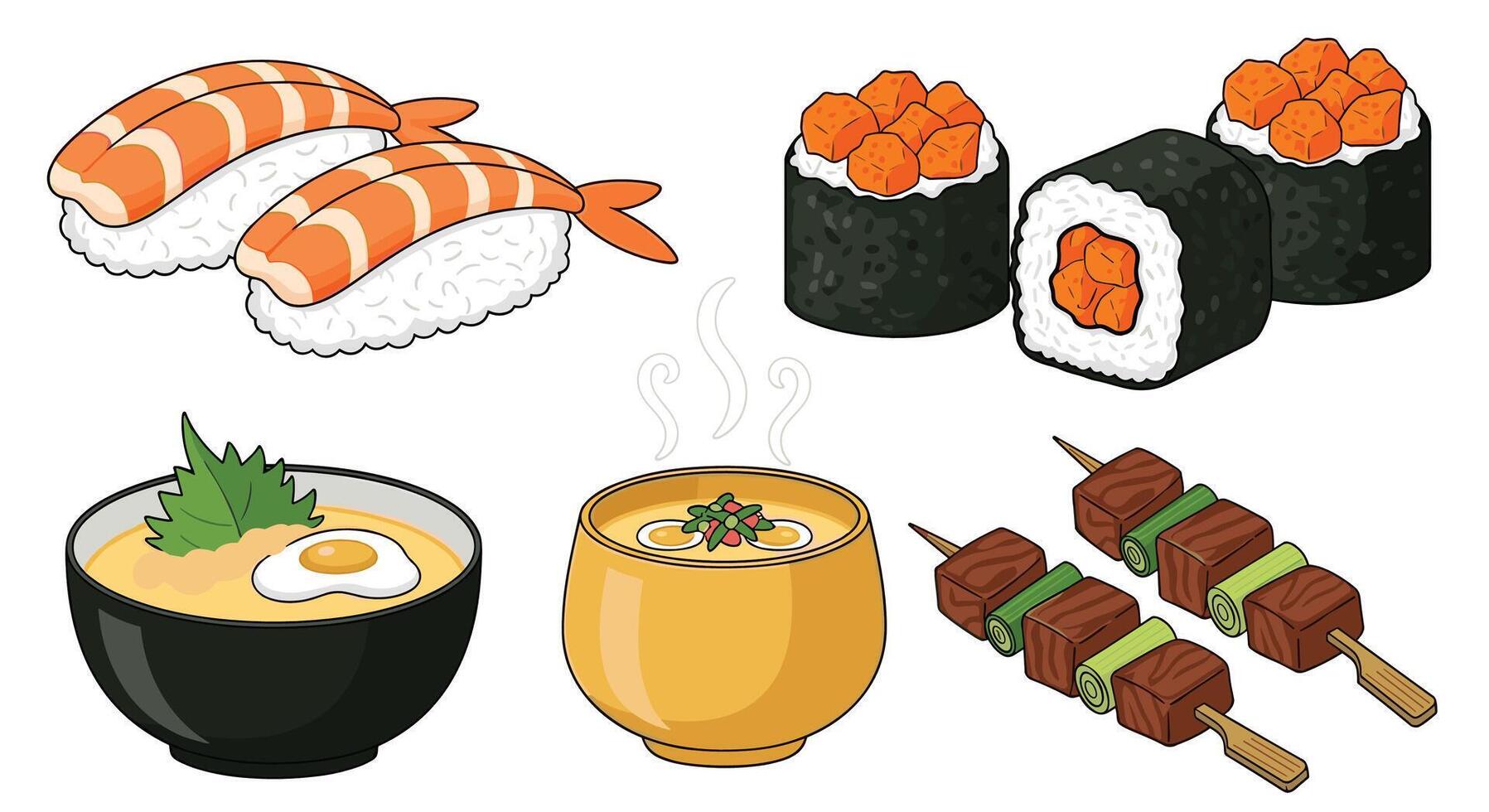 Enjoy Delicious Japanese Cuisine Shrimp Sushi Soup Skewers and Fish Egg Sushi Rolls vector