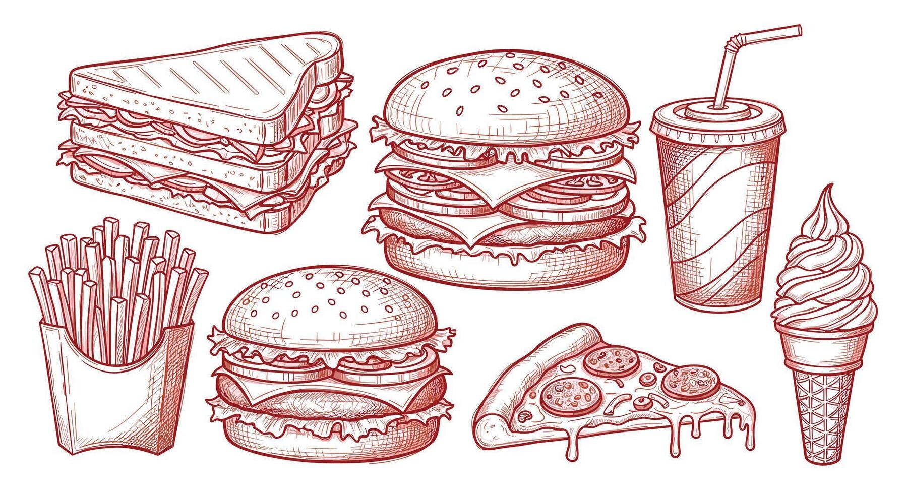 Illustrations of Various Types of Unhealthy and Flavorful Food That Most People Enjoy vector