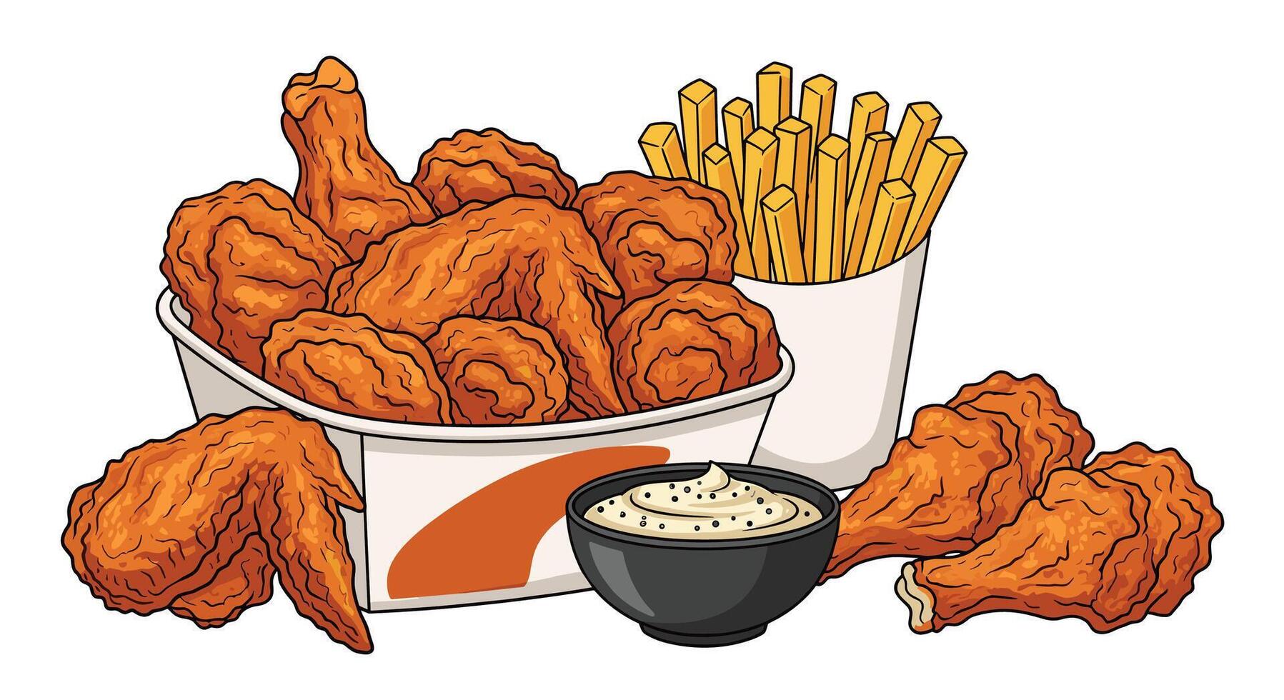 A Mouthwatering Bucket of Crispy Fried Chicken with Golden French Fries Delightful Meal vector