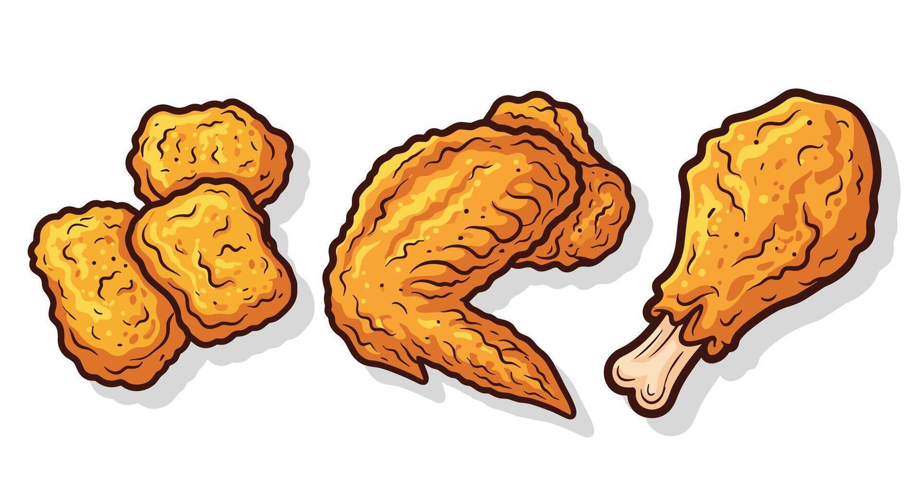 Delicious Fried Chicken Varieties Nuggests Wings and Drumsticks A Crispy Golden Delight vector