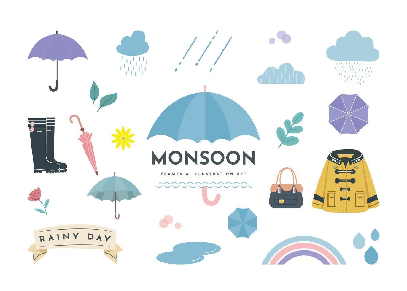 Set of illustrations and frames for rainy days and the rainy season umbrellas, accents, decorations, rain goods, weather, rain clouds. vector