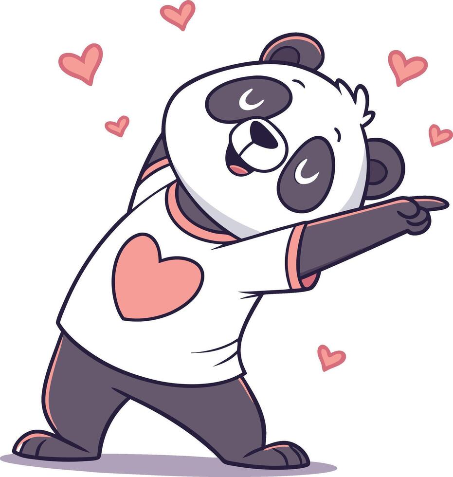 Cute cartoon panda pointing with love mascot vector