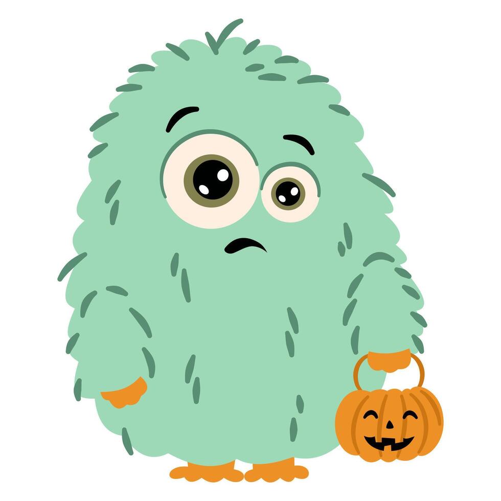 Cute scared monster holding pumpkins for halloween day. Flat illustration in simple childish style, white background vector