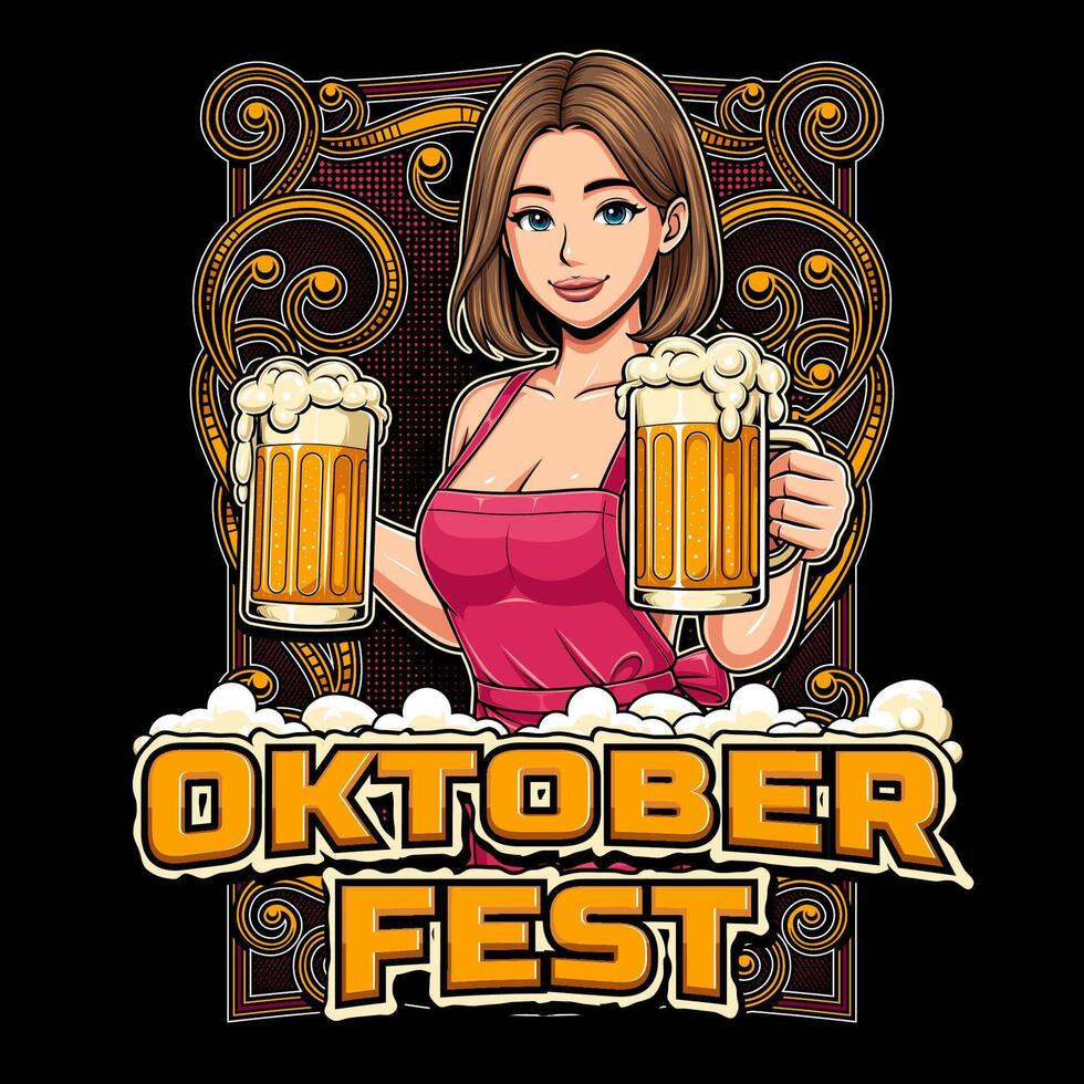 Design for Oktoberfest festival event with illustration of girl and beer glass vector