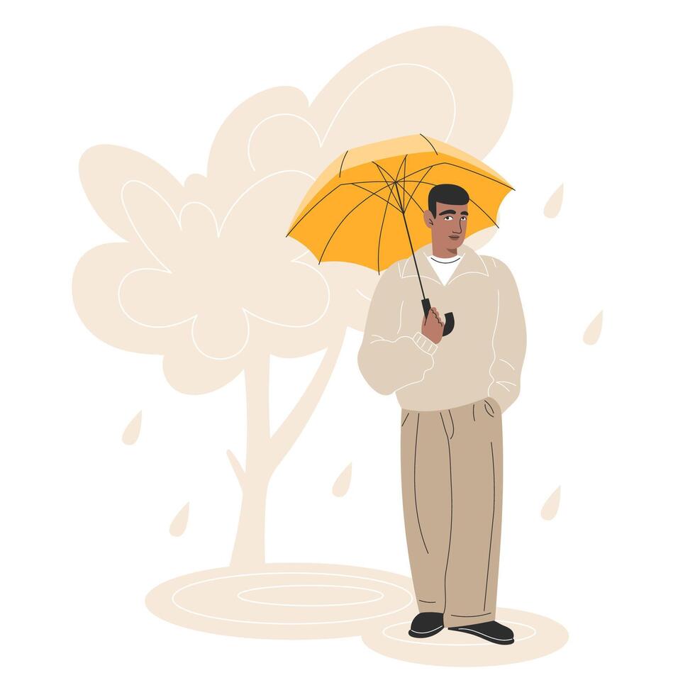 Young Black Man Standing with Umbrella in Rainy Autumn Park Wearing Casual Business Outfit Flat Style Illustration vector