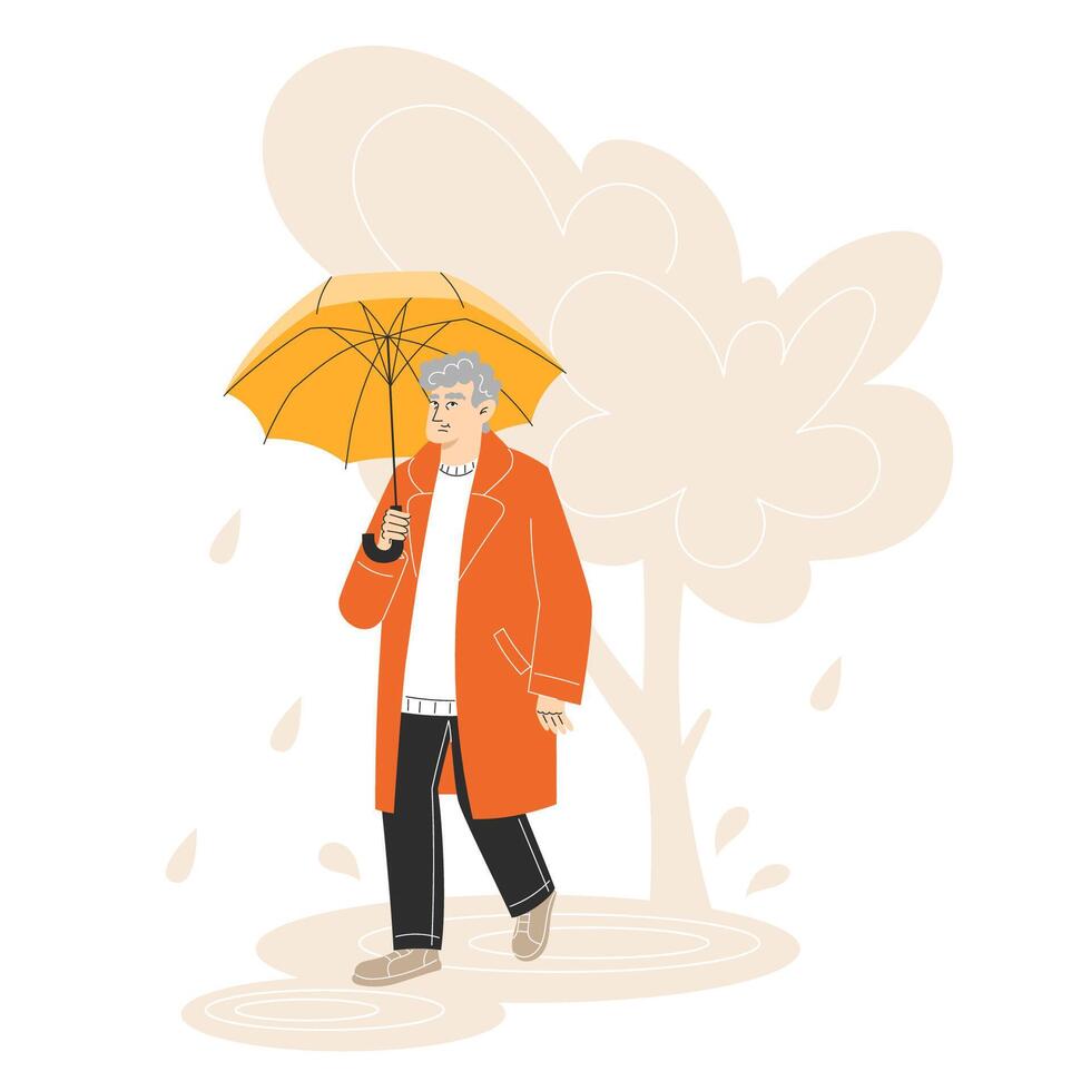 Elderly Man Walking with Umbrella in Rainy Autumn Park Wearing Warm Casual Clothes Flat Style Illustration vector