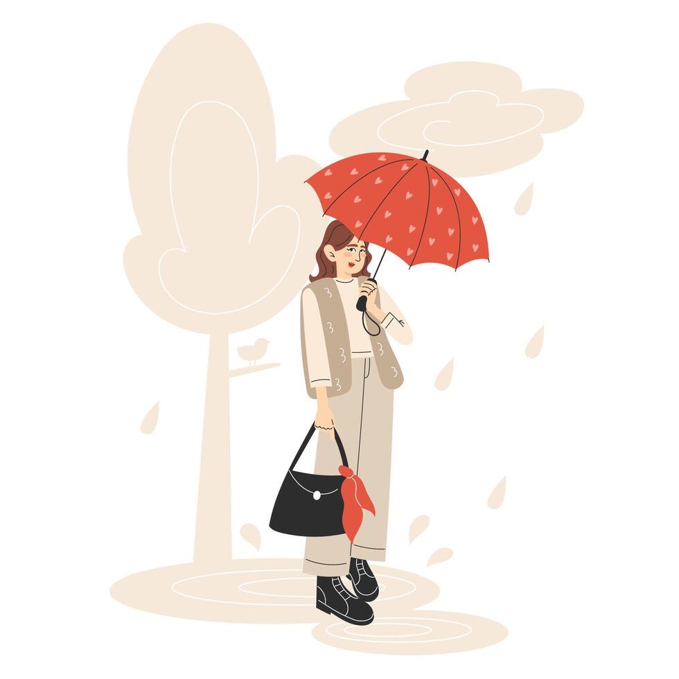 Young Woman Standing with Heart Umbrella in Rainy Autumn Park Flat Style Illustration vector