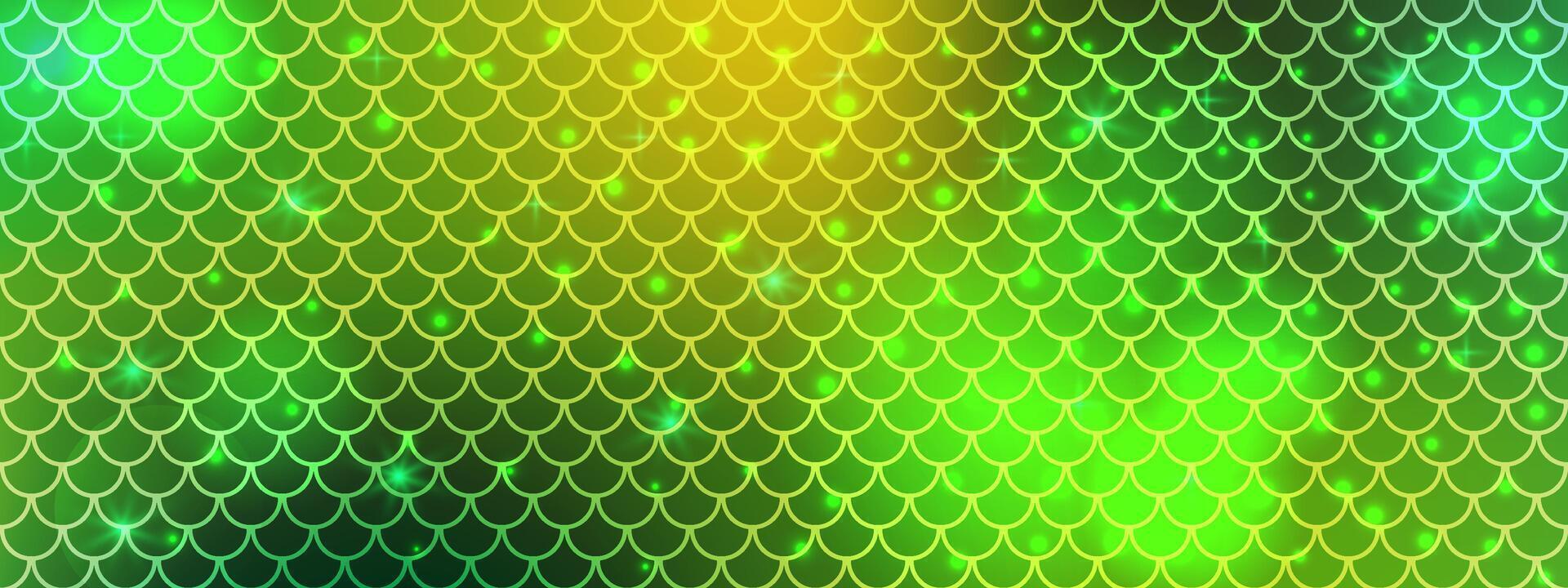 Seamless mermaid pattern in green and yellow tones. Repeating fish scale design with glowing light spots. Ideal for underwater and fantasy themes. illustration. vector