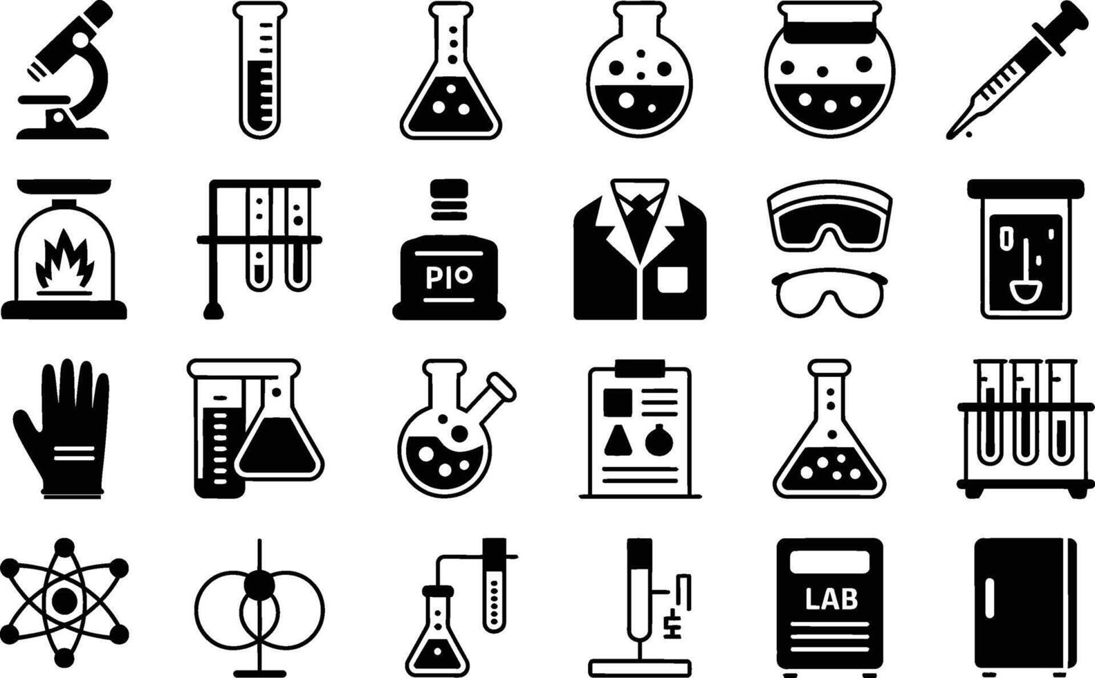 Black and white scientific equipment icons illustration of laboratory tools and instruments vector