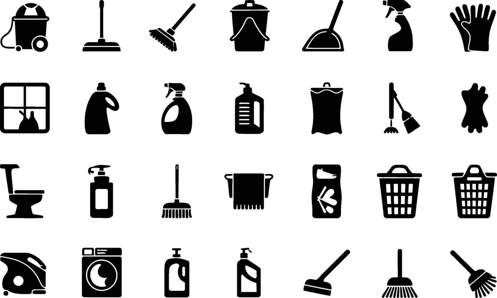 Black silhouette collection of cleaning tools and household objects illustration vector