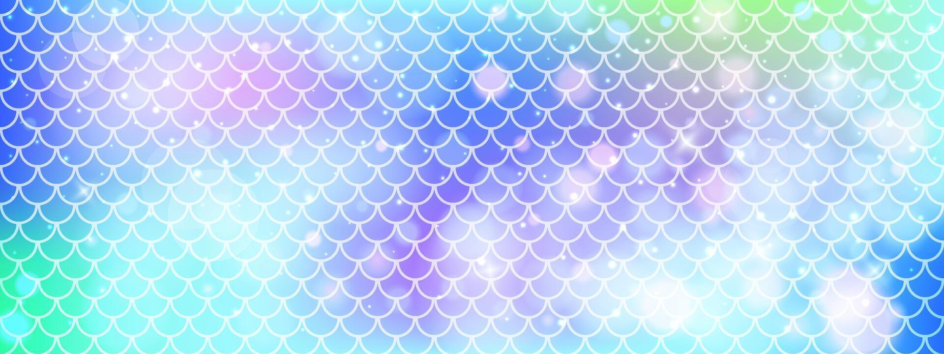 Mermaid scale pattern with soft gradients. Rainbow background with seamless fish or dragon tail texture. Blue decorative layout in format. vector