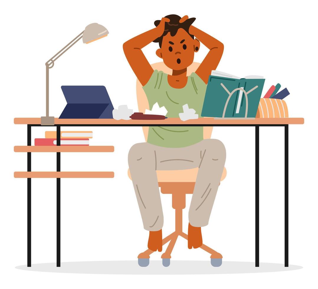 African American school boy studying at home making homework sitting at desk flat illustration isolated on white. Primary school kid angry because of difficulties with studies. vector