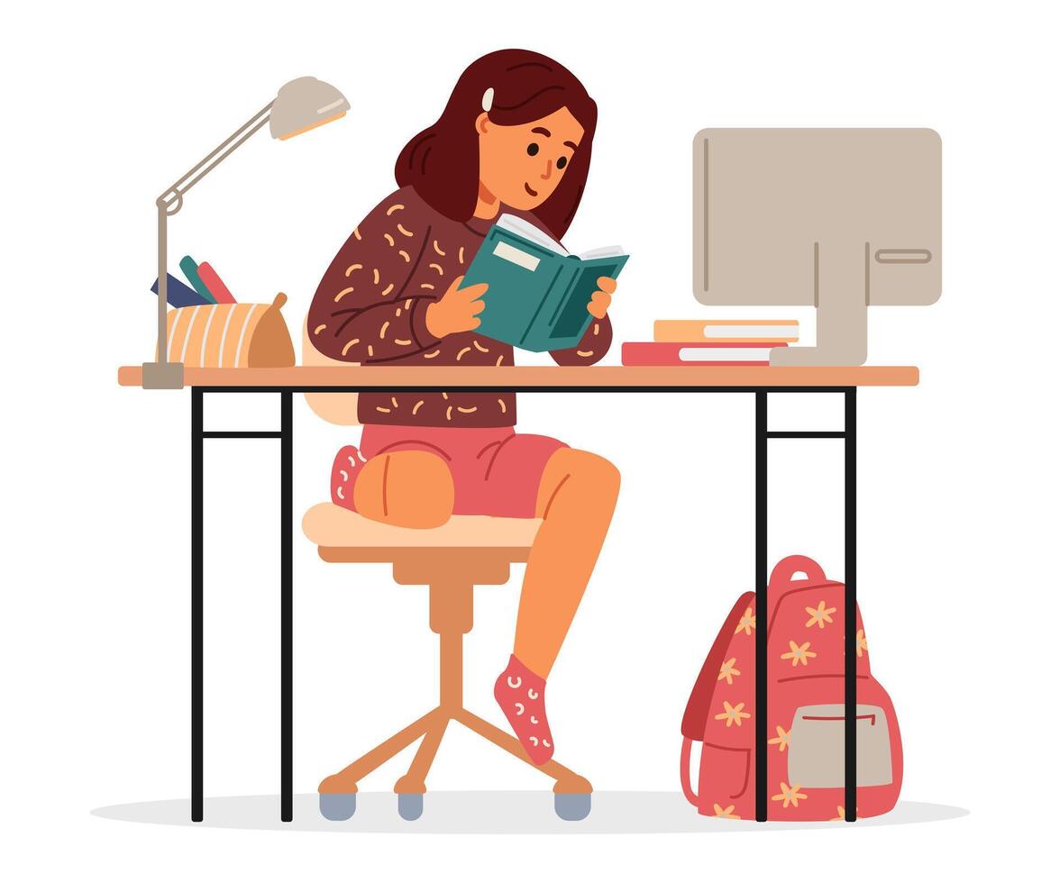 School girl studying at home making homework sitting at desk and reading textbook flat illustration isolated on white. Primary school kid studying online or homeschooling. vector