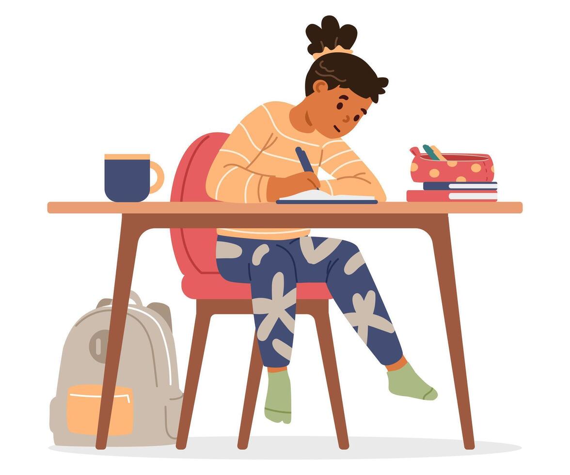 Asian primary school girl studying at home making homework sitting at desk and writing flat illustration isolated on white. vector