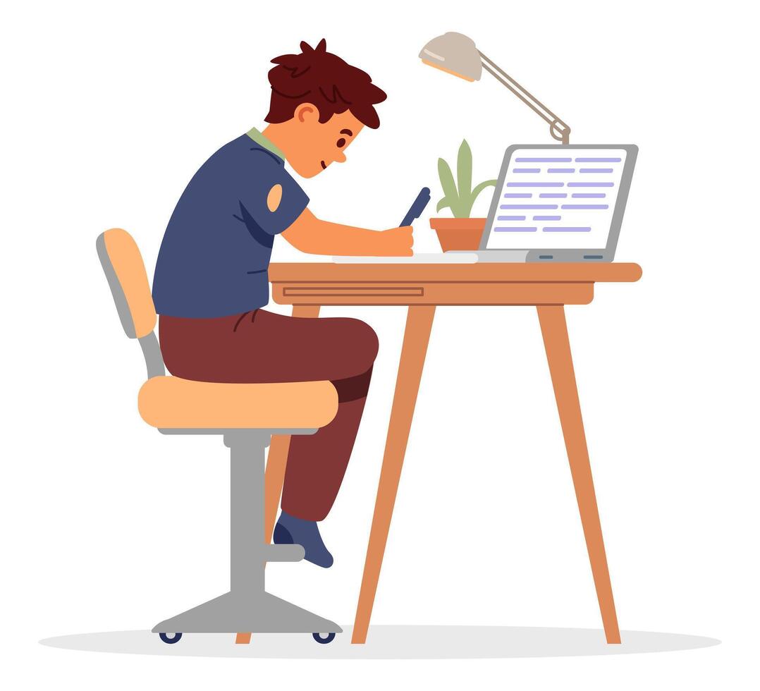 School boy studying at home making homework sitting at desk and writing flat illustration isolated on white. vector