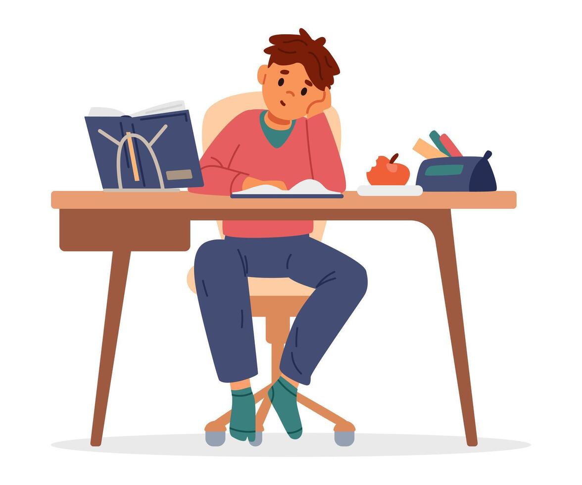 School boy studying at home making homework sitting at desk and reading flat illustration isolated on white. vector