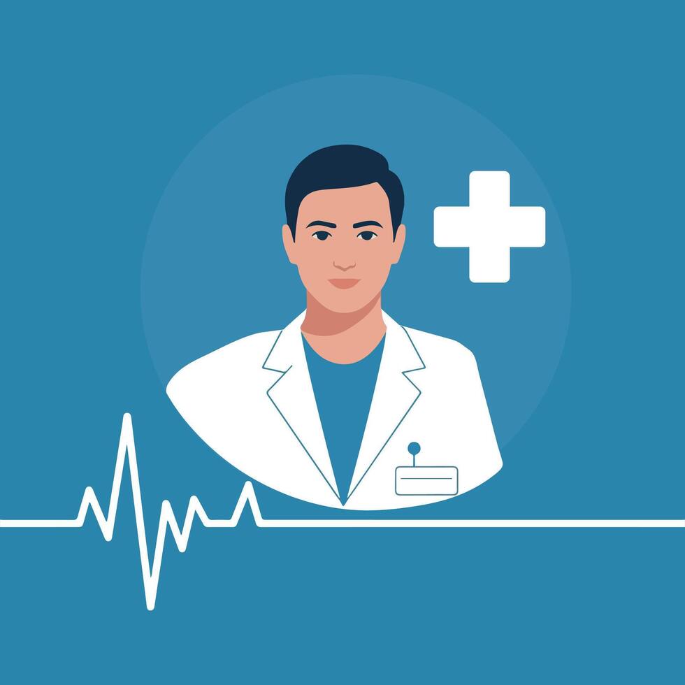 Male doctor avatar with heartbeat line. vector